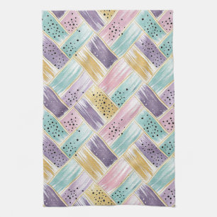 Pastel Brushstroke & Gold Crisscross Abstract Kitchen Towel