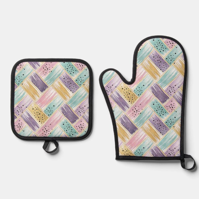 Pastel Brushstroke & Gold Crisscross Abstract Oven Mitt & Pot Holder Set (Front)