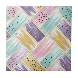 Pastel Brushstroke & Gold Crisscross Abstract Tile