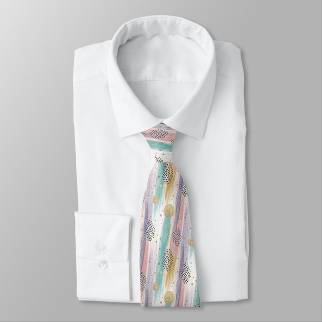Pastel Brushstroke & Gold Geometric Abstract Tie (Tied)
