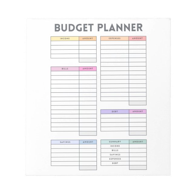 Pastel Budget Planner Layout Notepad (Front)