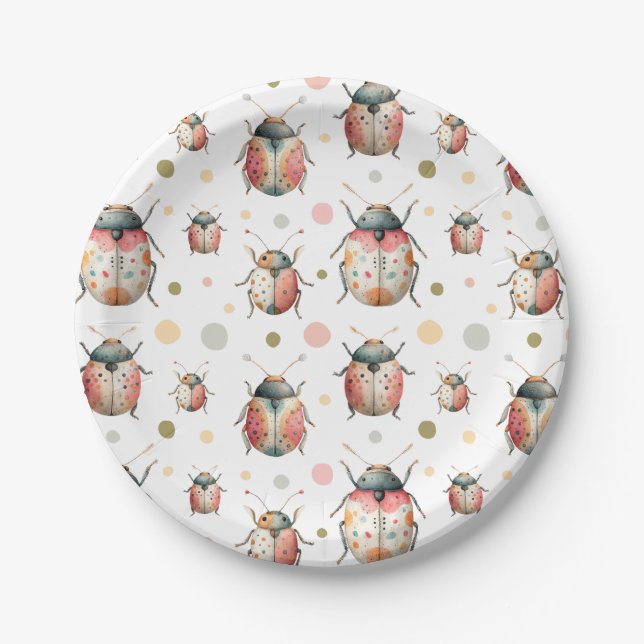 Pastel Bugs Cute Insect Pattern Watercolor Beetles Paper Plate (Front)