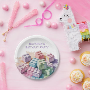 Pastel Building Block Splash Girl Birthday Party Paper Plate