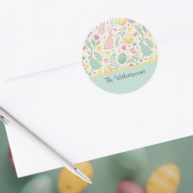 Pastel Bunnies Easter Eggs Ferns n Mint Monogram Classic Round Sticker (Creator Uploaded)