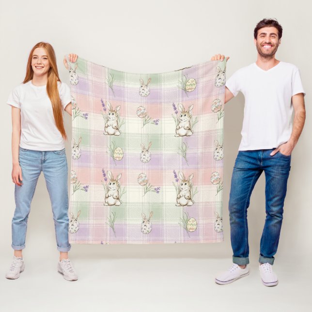 Pastel Bunny Egg Gingham Spring Pattern Fleece Blanket (In Situ)