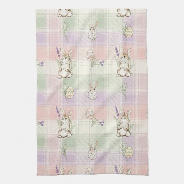 Pastel Bunny Egg Gingham Spring Pattern Kitchen Towel (Vertical)