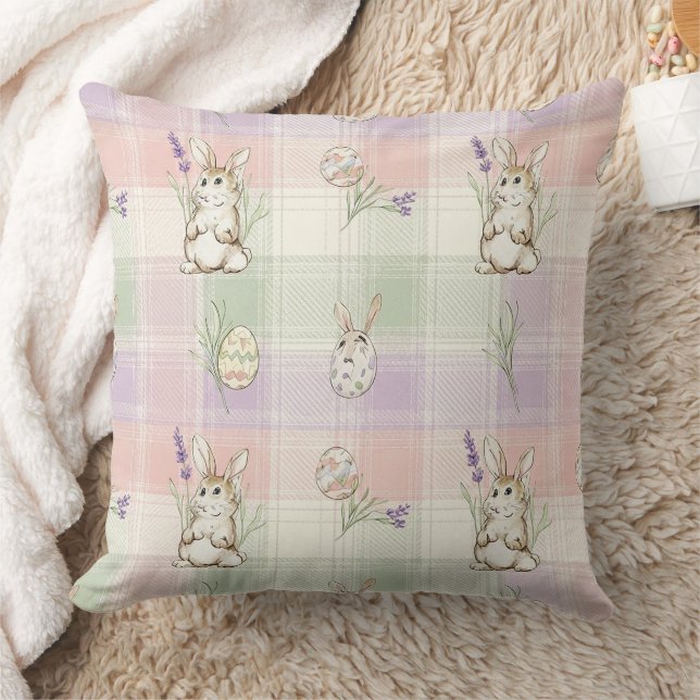 Pastel Bunny Egg Gingham Spring Pattern Throw Pillow (Blanket)