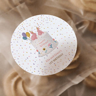 Pastel Bunny Twin Girls 1st Birthday Party Classic Round Sticker