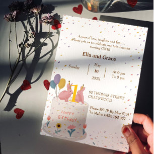 Pastel Bunny Twin Girls 1st Birthday Party Invitation