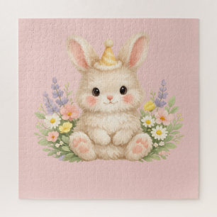 Pastel Bunny Wildflower Illustration Jigsaw Puzzle