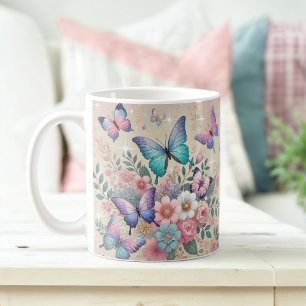 Pastel Butterflies & Glitter Floral Delight Coffee Mug