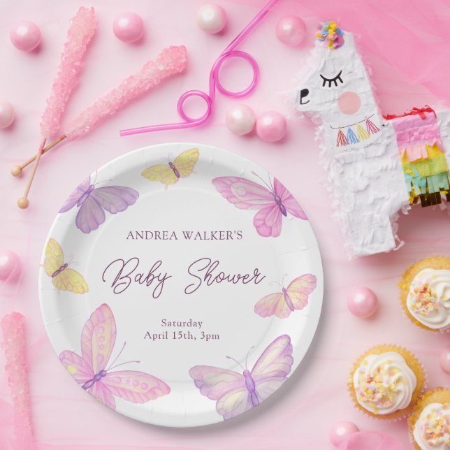Pastel Butterflies Pink Purple Baby Shower Paper Plate (Party)