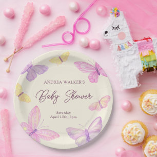 Pastel Butterflies Pink Purple Baby Shower Paper Plate