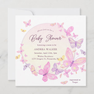 Pastel Butterflies Pink Purple Elegant Baby Shower Invitation