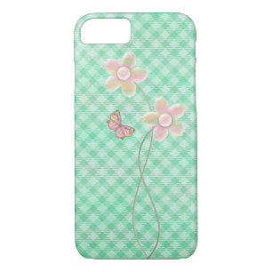 pastel butterfly and flower on chequered green iPhone 8/7 case