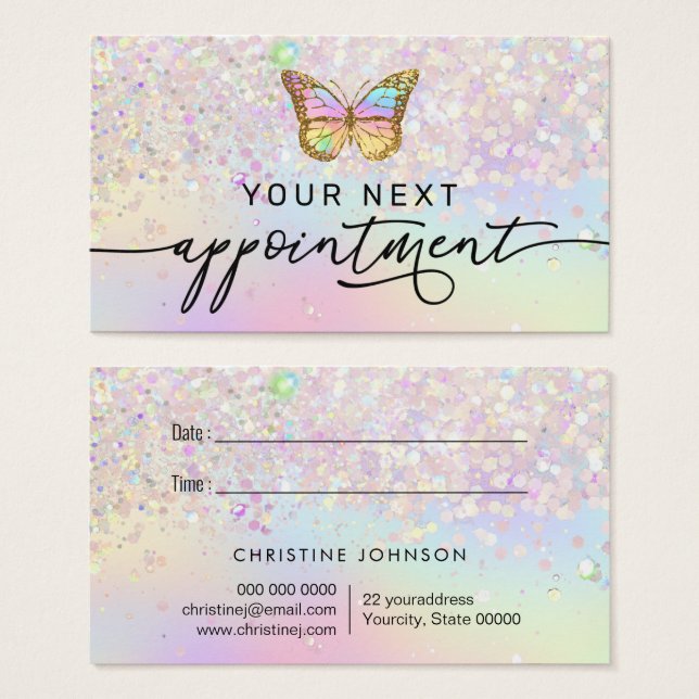 pastel butterfly faux glitter appointment card (Front & Back)