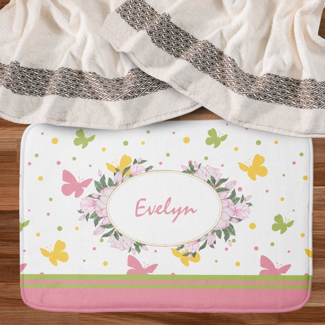 Pastel Butterfly Pattern with Flowers and Name Bat Bath Mat (Creator Uploaded)