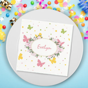 Pastel Butterfly Pattern with Flowers and Name Napkin