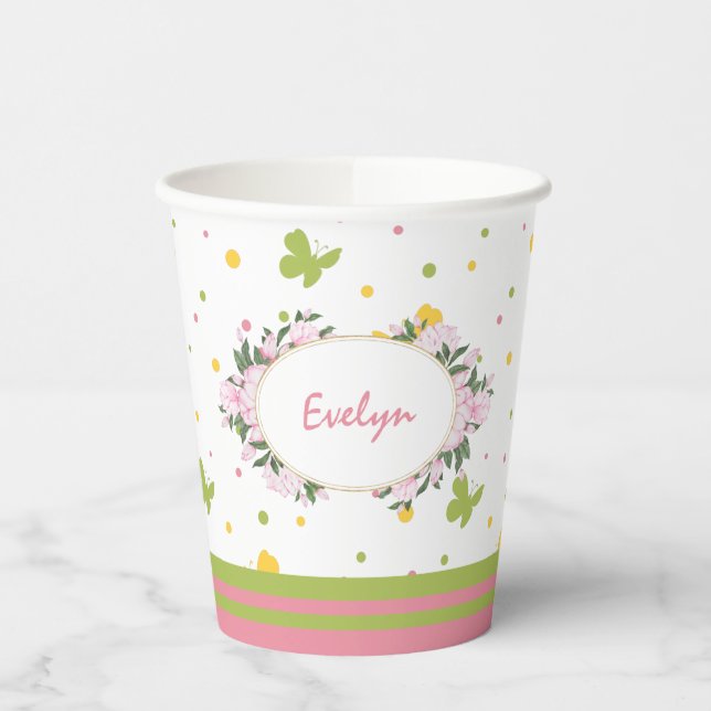 Pastel Butterfly Pattern with Flowers and Name Paper Cups (Left)