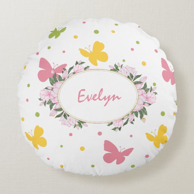 Pastel Butterfly Pattern with Flowers and Name Round Pillow (Front)