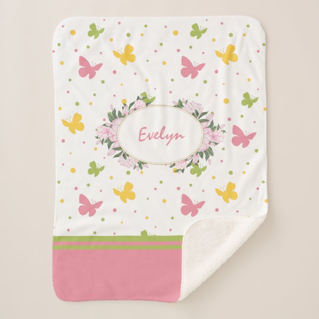Pastel Butterfly Pattern with Flowers and Name Sherpa Blanket (Front)