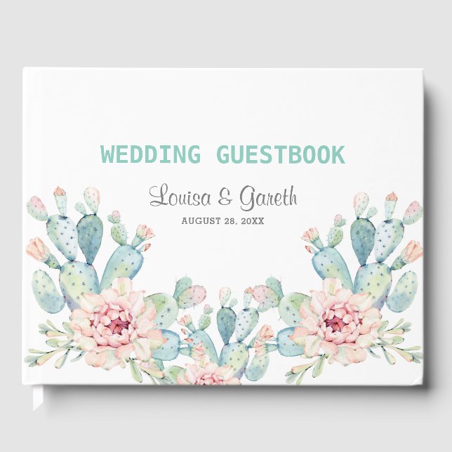 Pastel Cactus Flower Wedding Guest Book (Front)