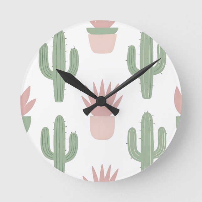 Pastel Cactus Succulent Pattern Round Clock (Front)