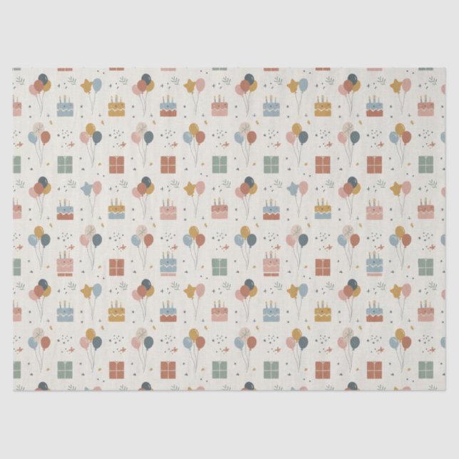  Pastel Cakes, Balloons & Stars Scandi Birthday Tissue Paper (Front)