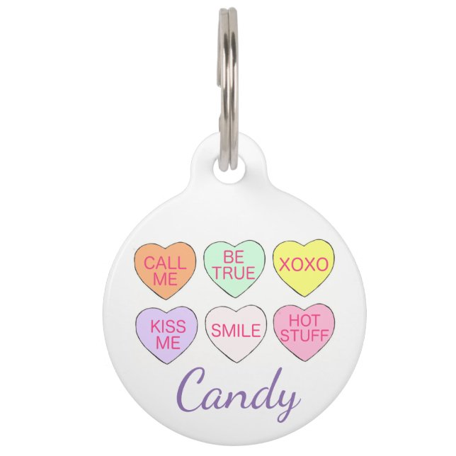 Pastel Candy Heart Personalized Valentine's Day Pet Tag (Front)