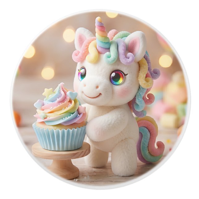 Pastel Candy Unicorn with Rainbow Cupcake Ceramic Knob (Front)