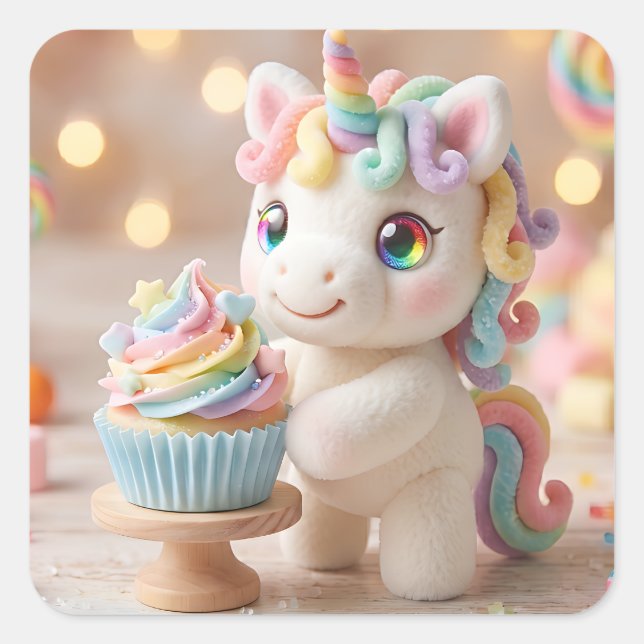 Pastel Candy Unicorn with Rainbow Cupcake Square Sticker (Front)