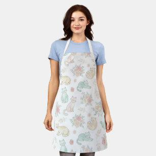 Pastel Cat and Rose Floral Pattern White Kitchen  Apron