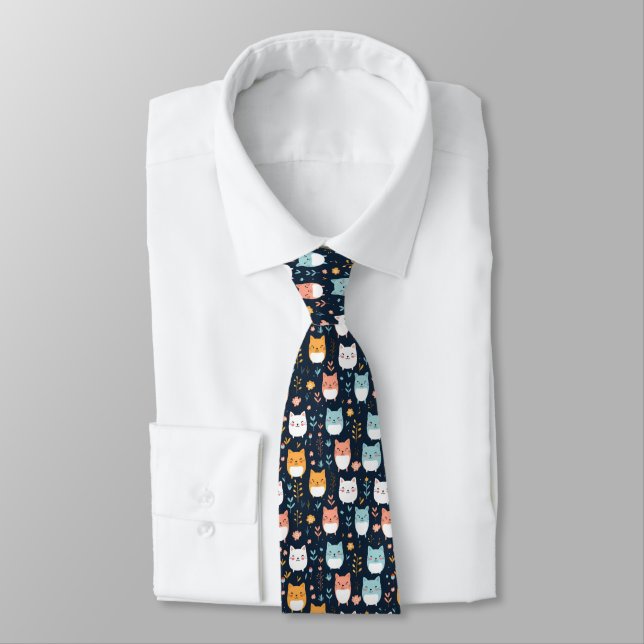 Pastel Cats Pattern Tie (Tied)