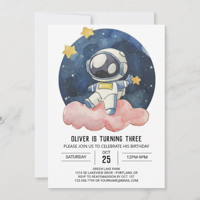 Pastel Celestial Children Astronaut Boy Birthday Invitation (Front)