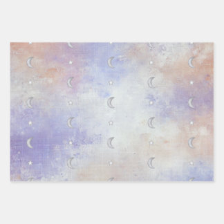 Pastel Celestial Crescent Moon & Star - 3 X Wrapping Paper Sheet