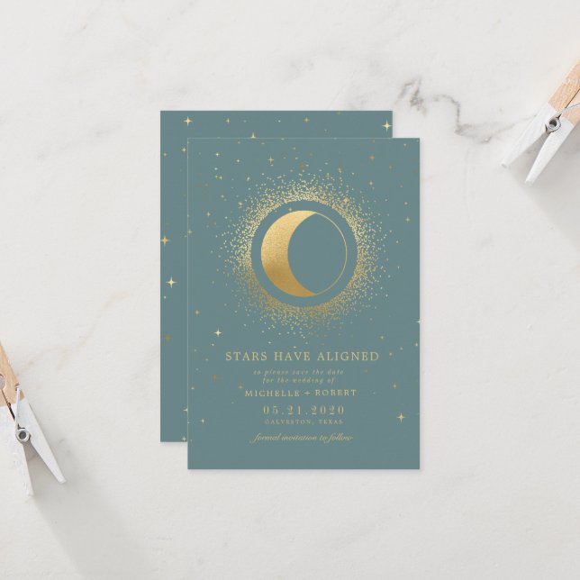 Pastel Celestial Gold Moon Photo Save The Date Invitation (Front/Back In Situ)