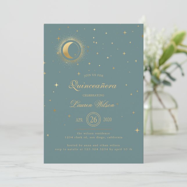 Pastel Celestial Gold Moon Stars Quinceanera Invitation (Standing Front)