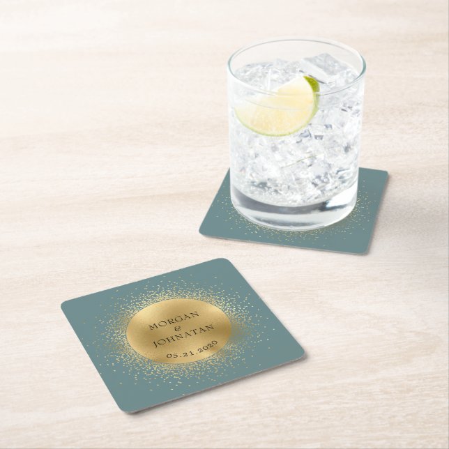 Pastel Celestial Gold Moon Stars Square Paper Coaster (Insitu)