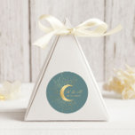 Pastel Celestial Gold Moon Wedding Classic Round Sticker<br><div class="desc">Our "Pastel Celestial Wedding" collection features a beautiful gold crescent moon with gold stars on various pastel backgrounds paired with elegant fonts. Easy for you to customize and you can choose among many items from this collection in our store.</div>