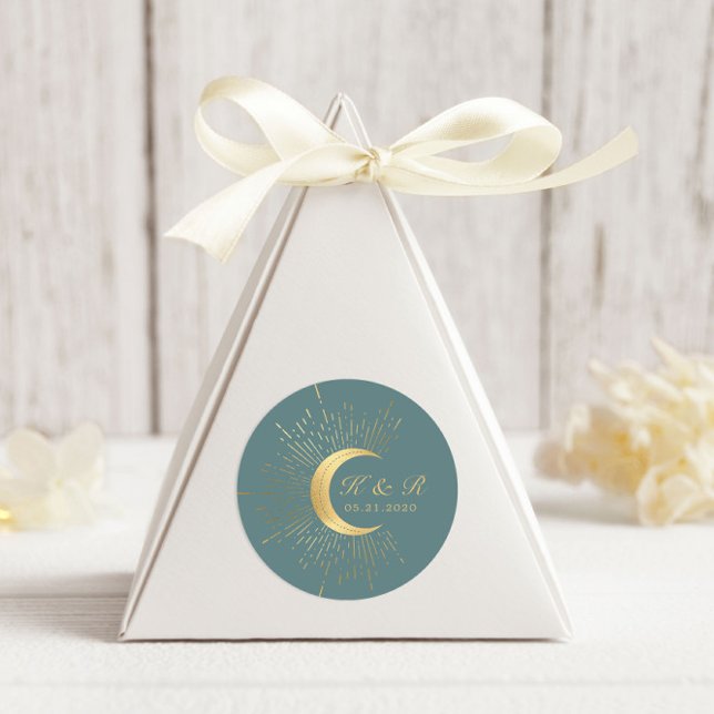 Pastel Celestial Gold Moon Wedding Classic Round Sticker (Creator Uploaded)