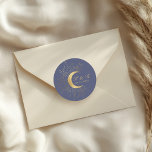 Pastel Celestial Gold Moon Wedding Classic Round Sticker<br><div class="desc">Our "Pastel Celestial Wedding" collection features a beautiful gold crescent moon with gold stars on various pastel backgrounds paired with elegant fonts. Easy for you to customize and you can choose among many items from this collection in our store.</div>