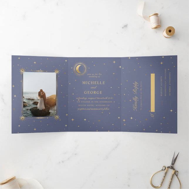 Pastel Celestial Gold Tri-Fold Wedding Invitation (Inside)
