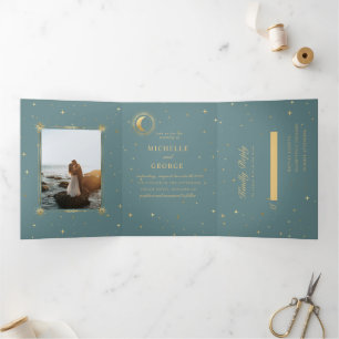 Pastel Celestial Gold Tri-Fold Wedding Invitation