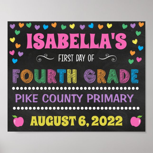 Pastel Chalkboard First Day of Fourth Grade Sign (Front)
