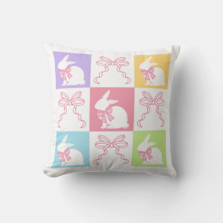 Pastel Chequered Easter Bunny with Bows Throw Pillow