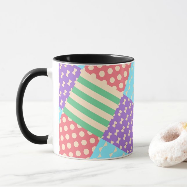 Pastel Chequered Stripe Bow Polkadot Geometric Mug (With Donut)
