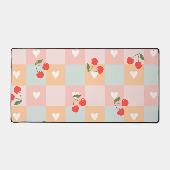 Pastel Cherry and Heart Chequered Pattern Desk Mat (Front)