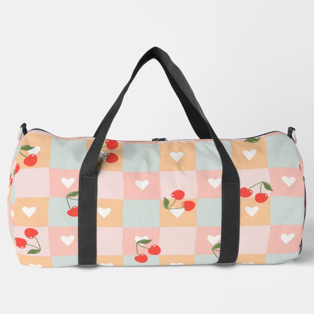 Pastel Cherry and Heart Chequered Pattern Duffle Bag (Front)