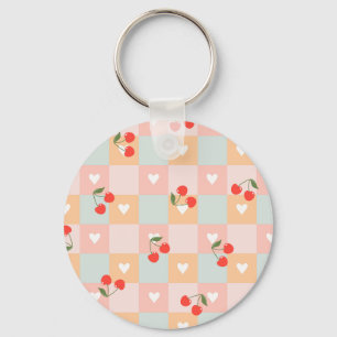 Pastel Cherry and Heart Chequered Pattern Keychain