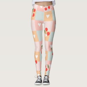 Pastel Cherry and Heart Chequered Pattern Leggings